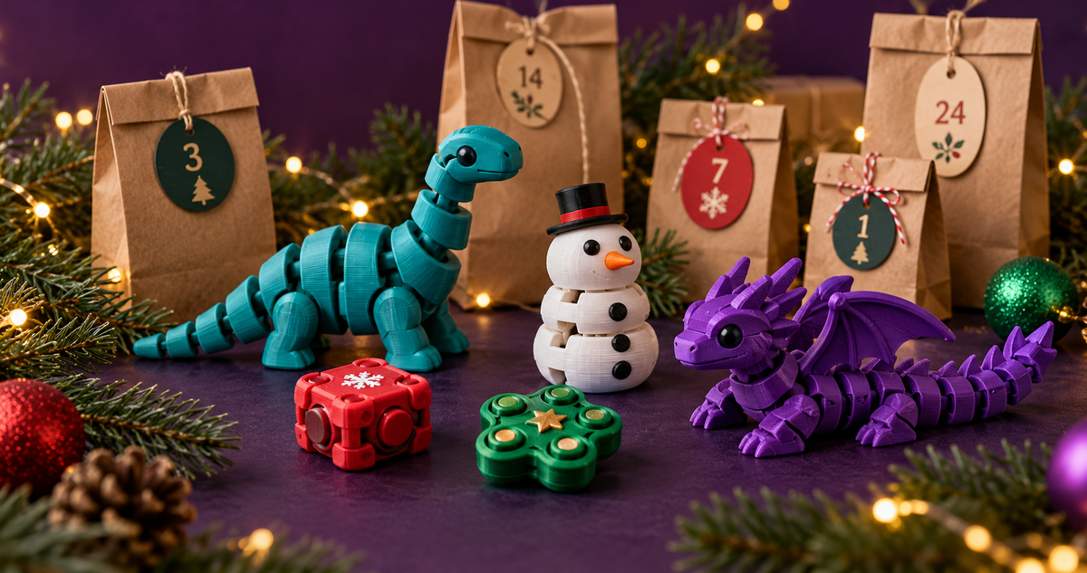 Colourful 3D printed flexi animals and festive fidgets beside small advent gift bags on a purple background.
