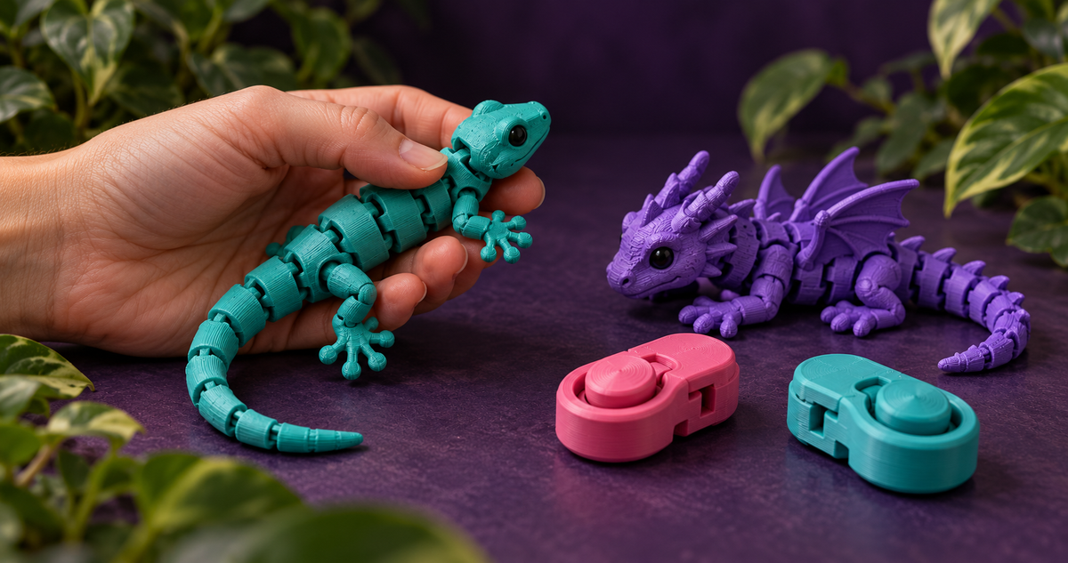 A hand holding a teal articulated 3D printed fidget beside a purple flexi dragon and colourful clicker fidgets.