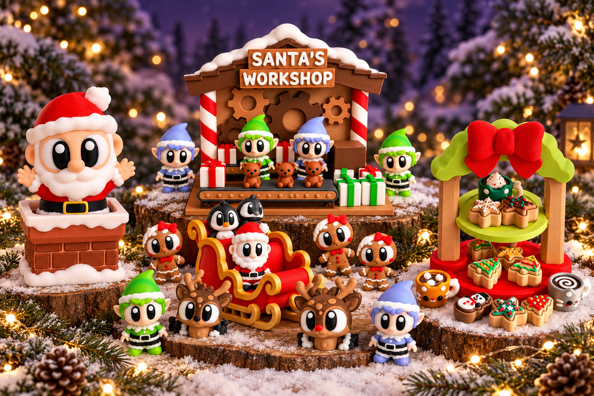 3D printed Christmas toys featuring Santa, elves, reindeer, gingerbread figures and snowmen in a snowy woodland workshop scene.