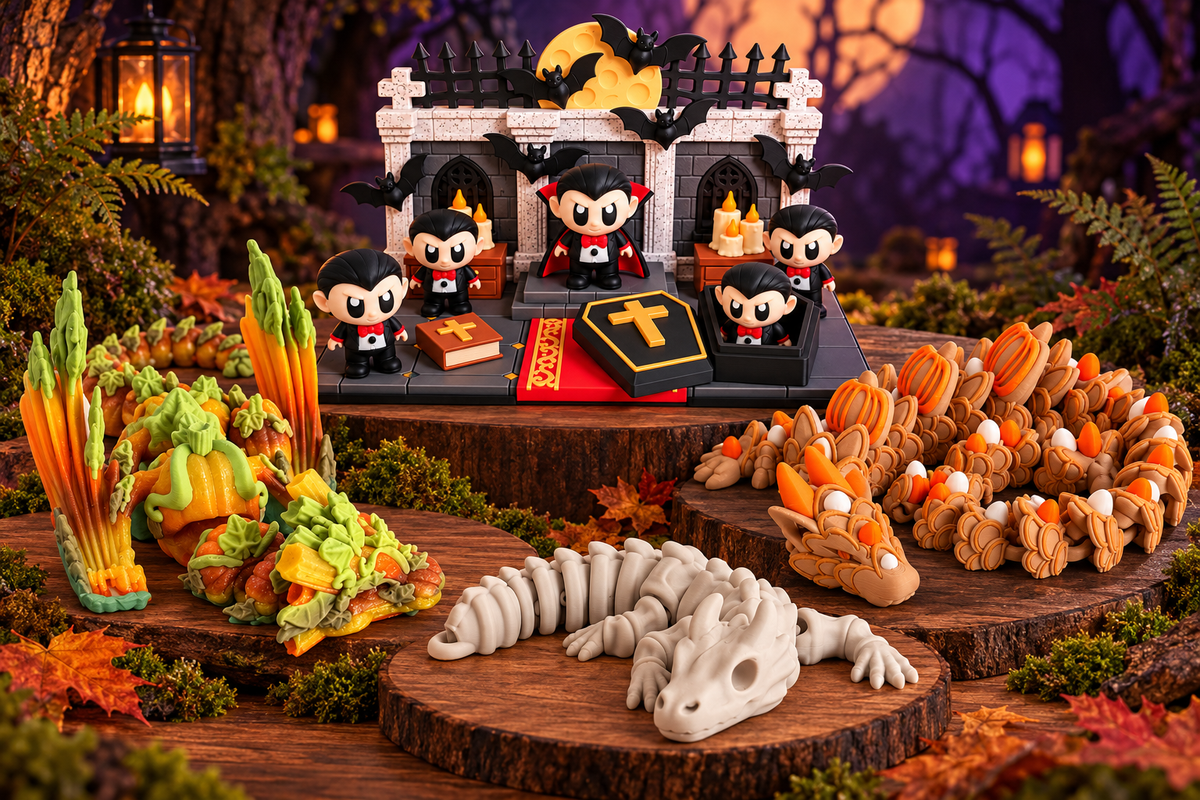3D printed Halloween collection featuring Dracula’s castle playset, orange and green pumpkin dragon, pumpkin cookie dragon and white skeleton dragon.