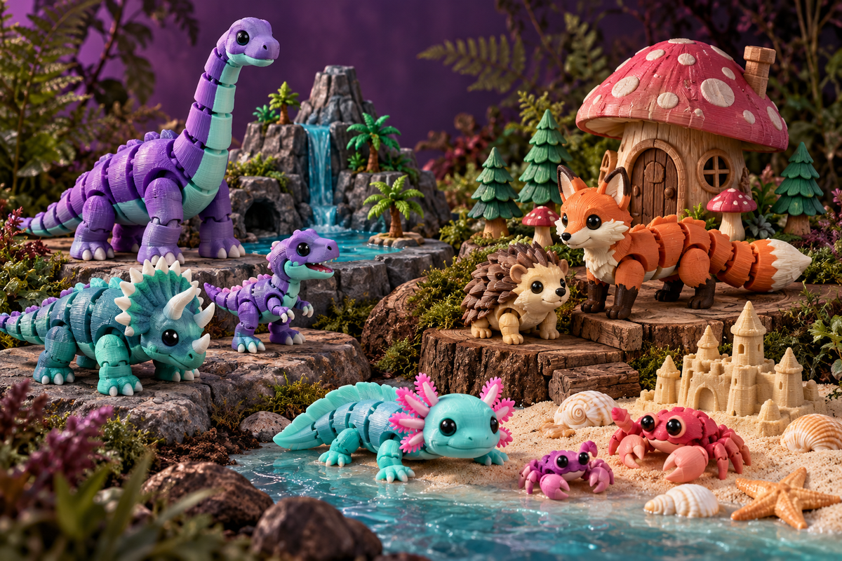 Colourful articulated dinosaur, woodland animal and seaside flexi sets arranged with miniature themed playsets.