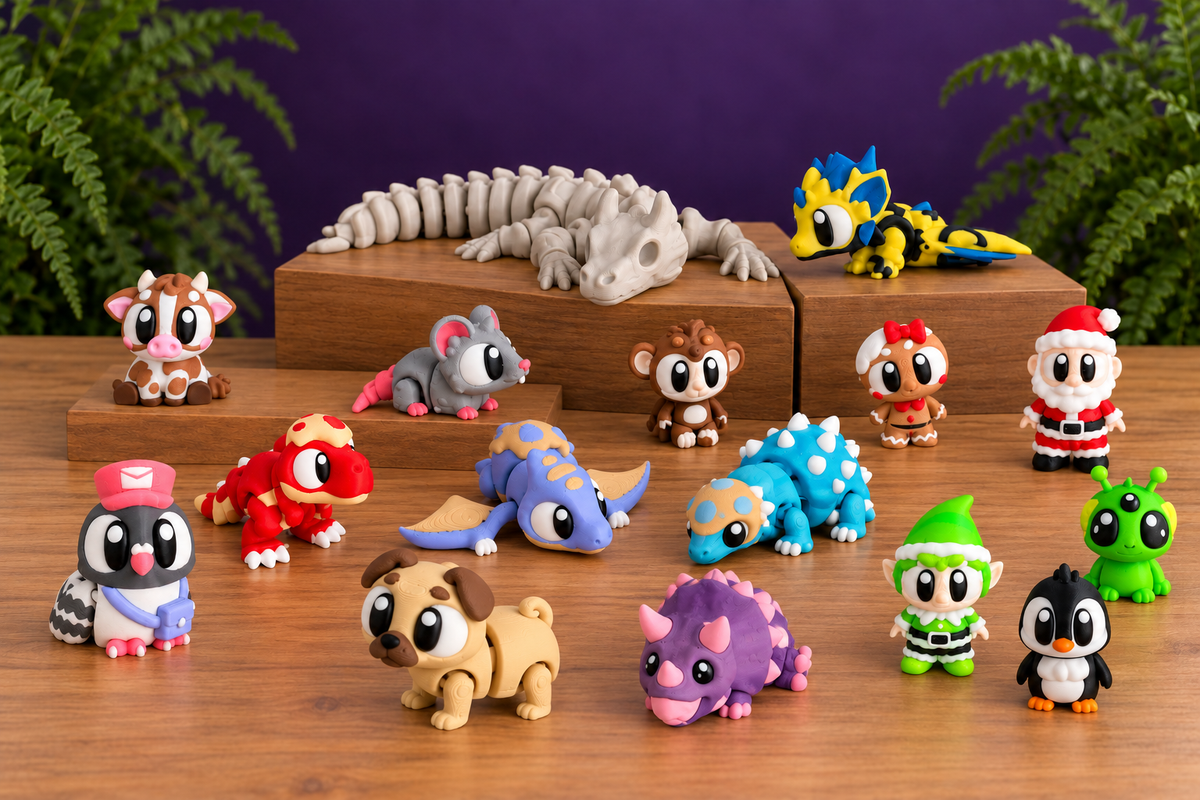 3D printed flexi characters including a postman pigeon, pug, triceratops, dragons, dinosaurs, cow, rat, monkey, penguin and festive figures on wooden displays.