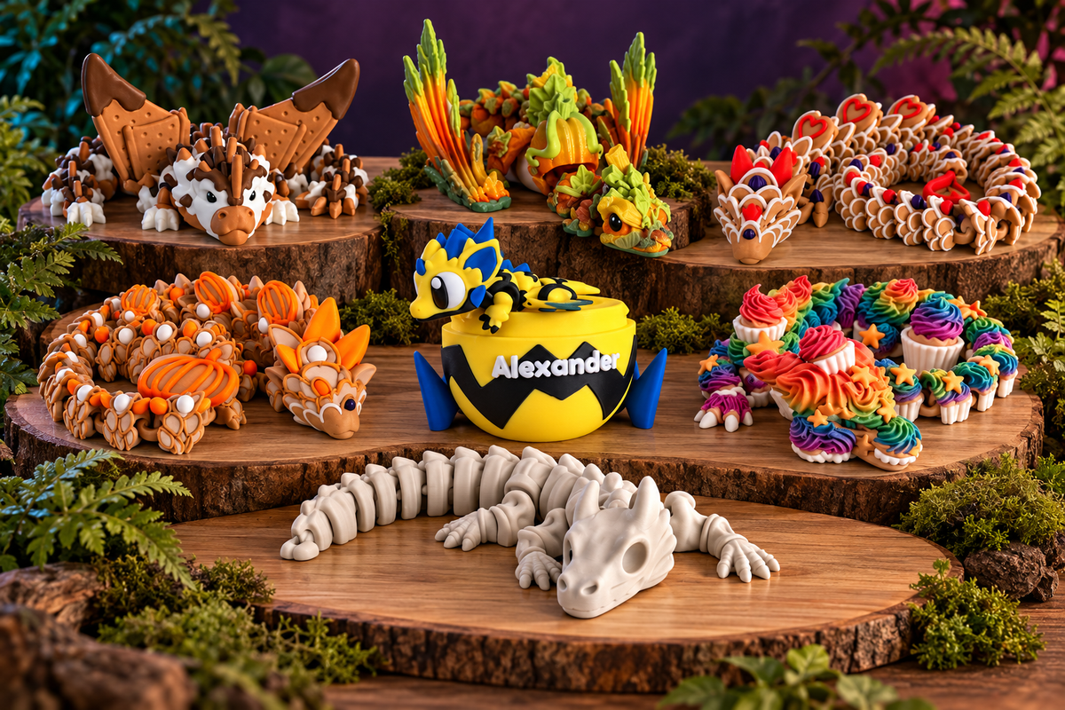 3D printed articulated dragon collection featuring s’mores, skeleton, pumpkin, cookie, cupcake and yellow mini dragons on wooden displays with green foliage.