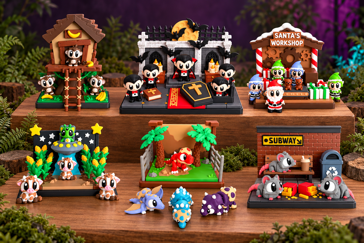 3D printed playset collection featuring a monkey treehouse, Dracula’s castle, Santa’s workshop, alien abduction, dinosaur park and rat street scene on wooden displays.