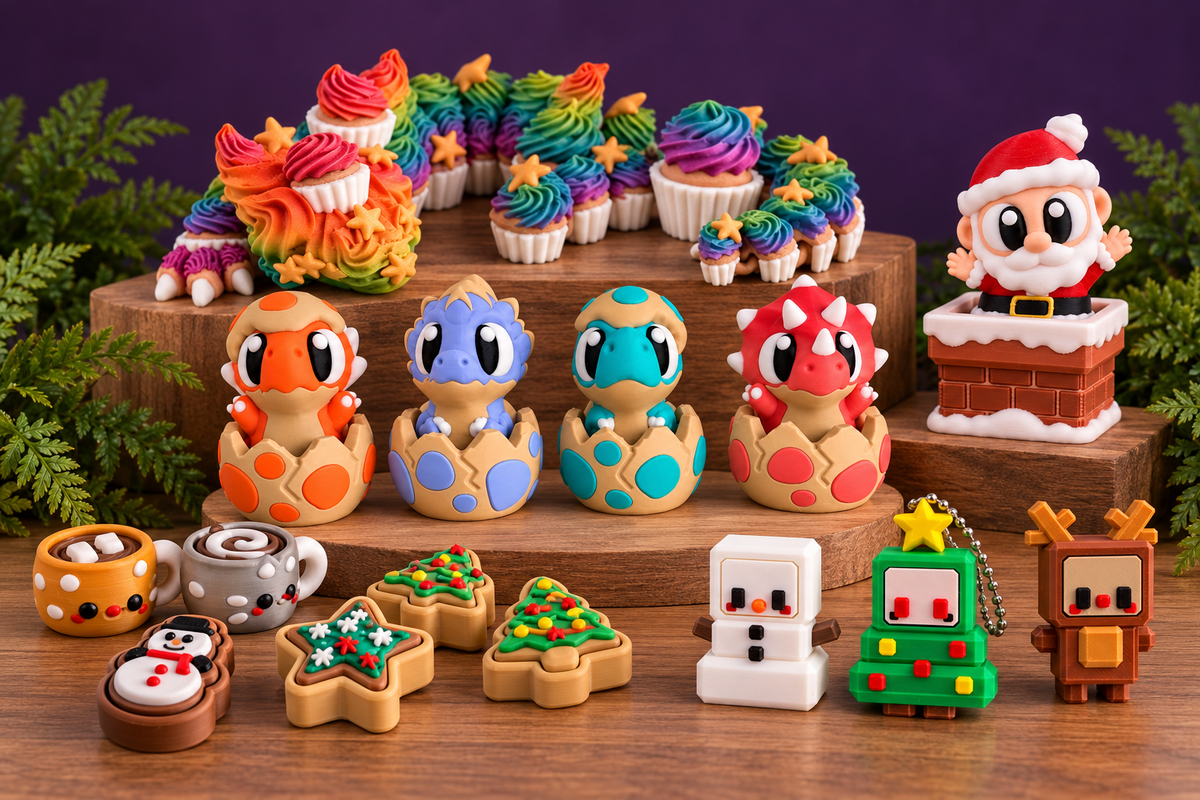 3D printed clicker fidget collection featuring baby dinosaurs in eggs, a rainbow cupcake dragon, Santa chimney clicker, block characters and cookie-shaped toys on wooden displays.